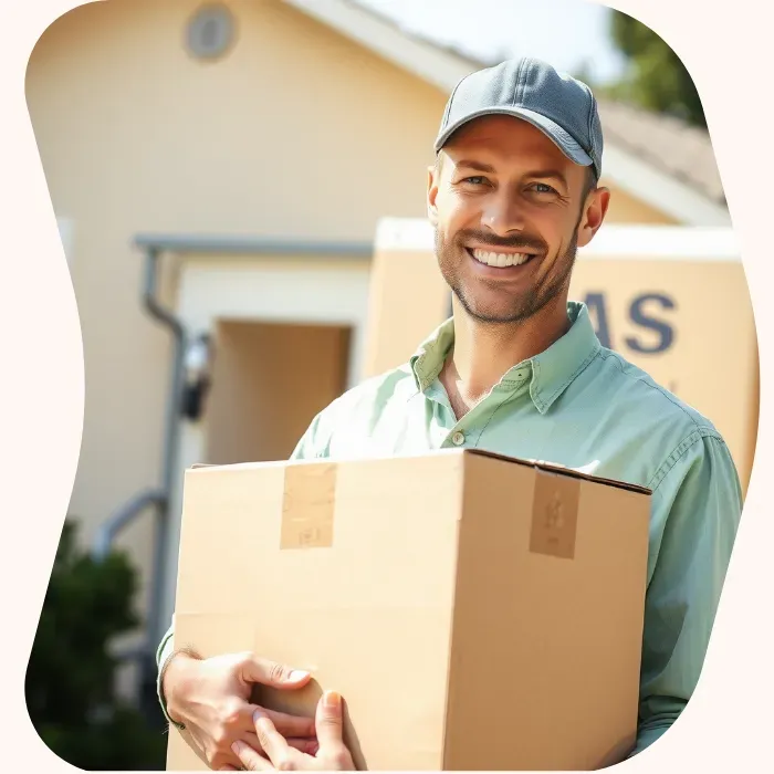Two removalists moving boxes up stairs