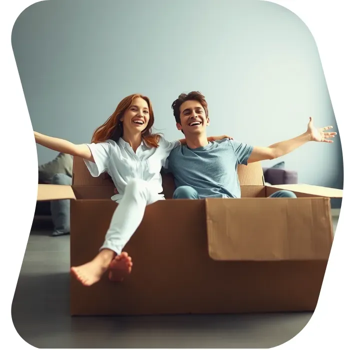Two guys sitting on the floor of their apartment with Muval moving boxes